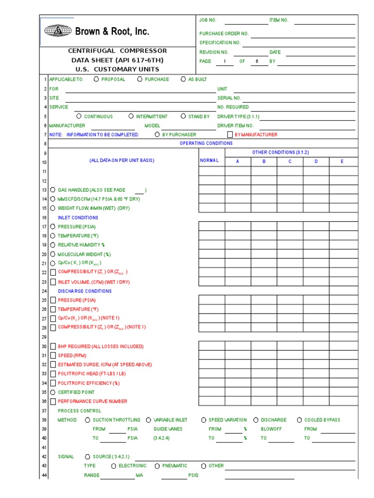 Brown & Root, Inc.: Centrifugal Compressor Data Sheet (Api 617-6Th) U.S ...