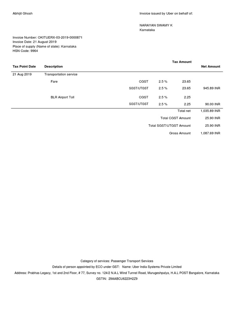 Uber Passenger Transport Invoice Details | PDF