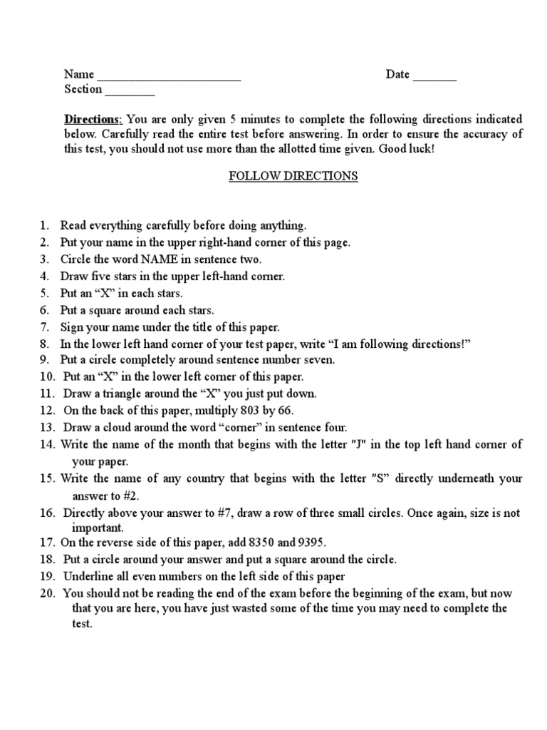 Following Directions Test Instructions | PDF