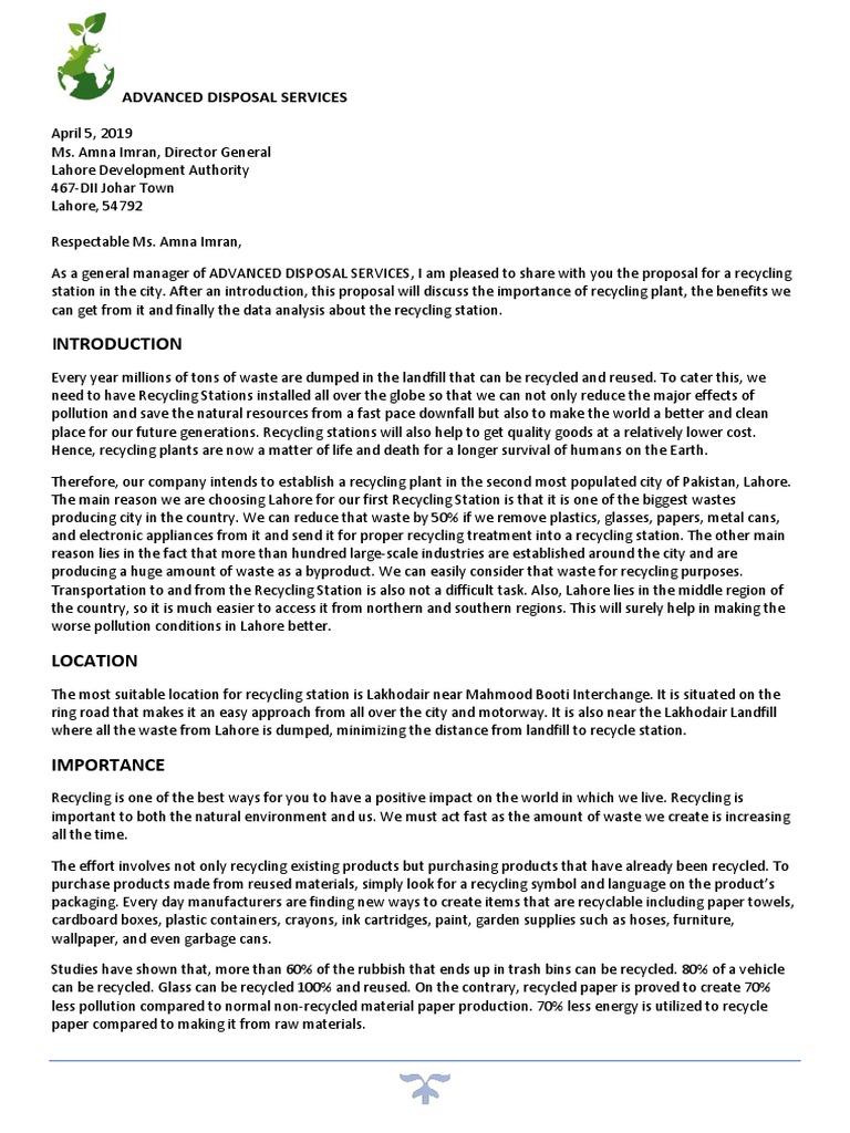 Lahore Recycling Station Proposal | PDF | Recycling | Waste Management