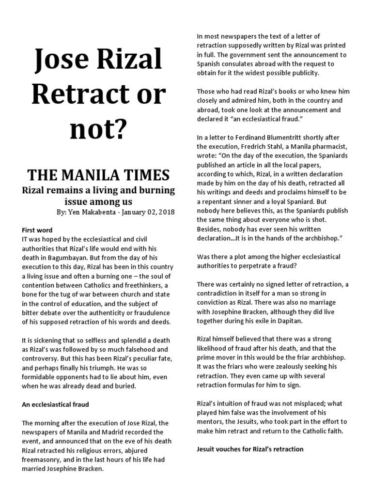 Jose Rizal, Retract or Not? PDF Religion And Belief