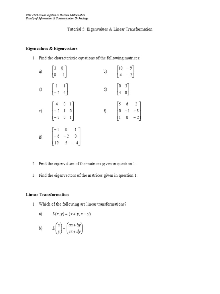Tutorial - 5 Eigenvalues and Linear Transformation PDF | PDF ...