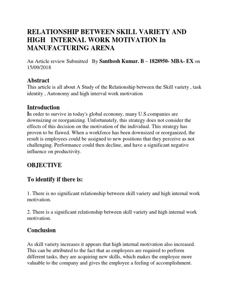Relationship Between Skill Variety and High Internal Work Motivation in Manufacturing Arena PDF