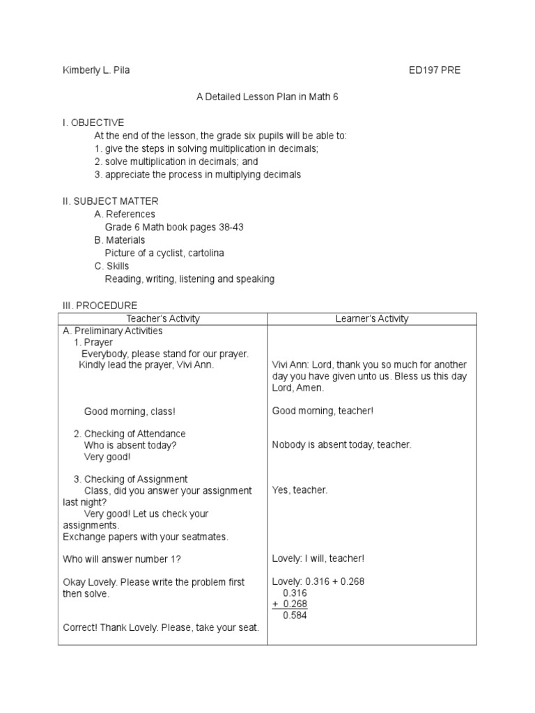 Multiplying Decimals Lesson Plan | PDF | Multiplication | Numbers