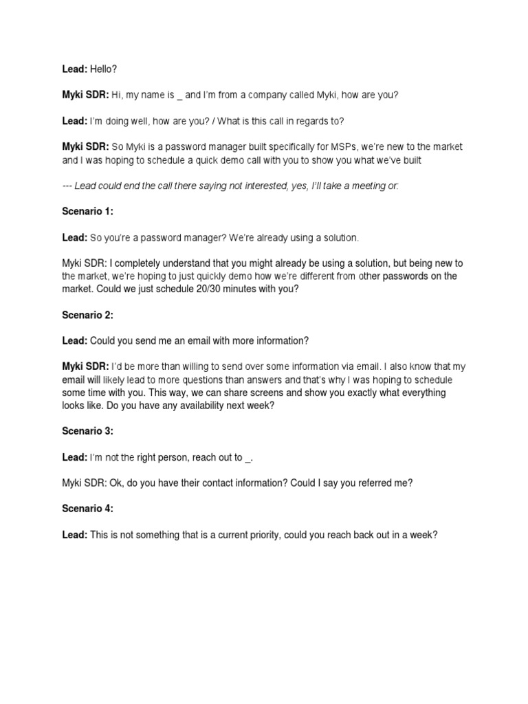 Myki SDR Call Scenarios for MSPs | PDF