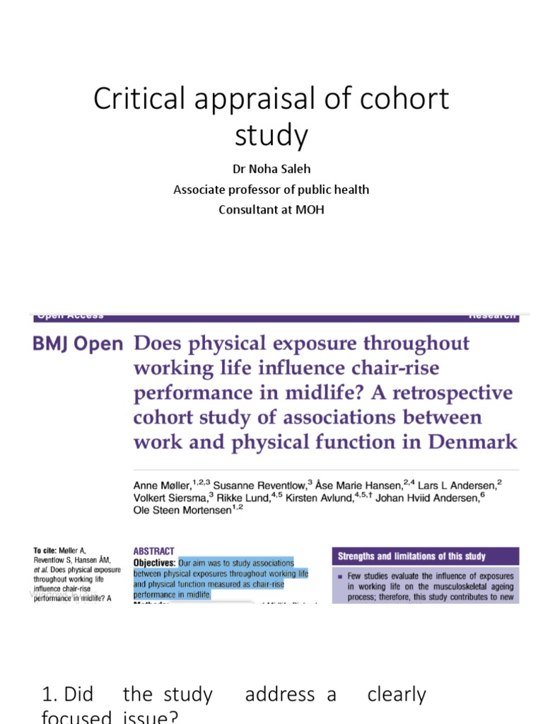 Critical appraisal of cohort study Dr Noha Saleh Associate professor