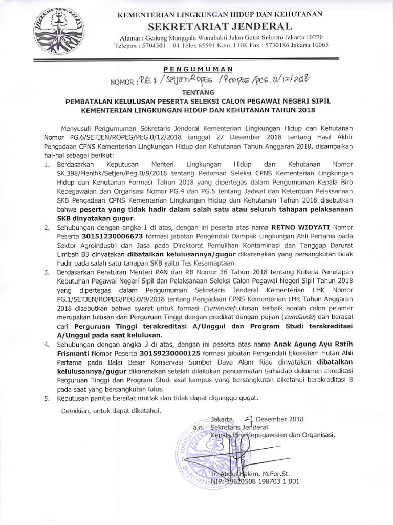 Pengumuman pembatalan kelulusan cpns klhk 2018 pdf