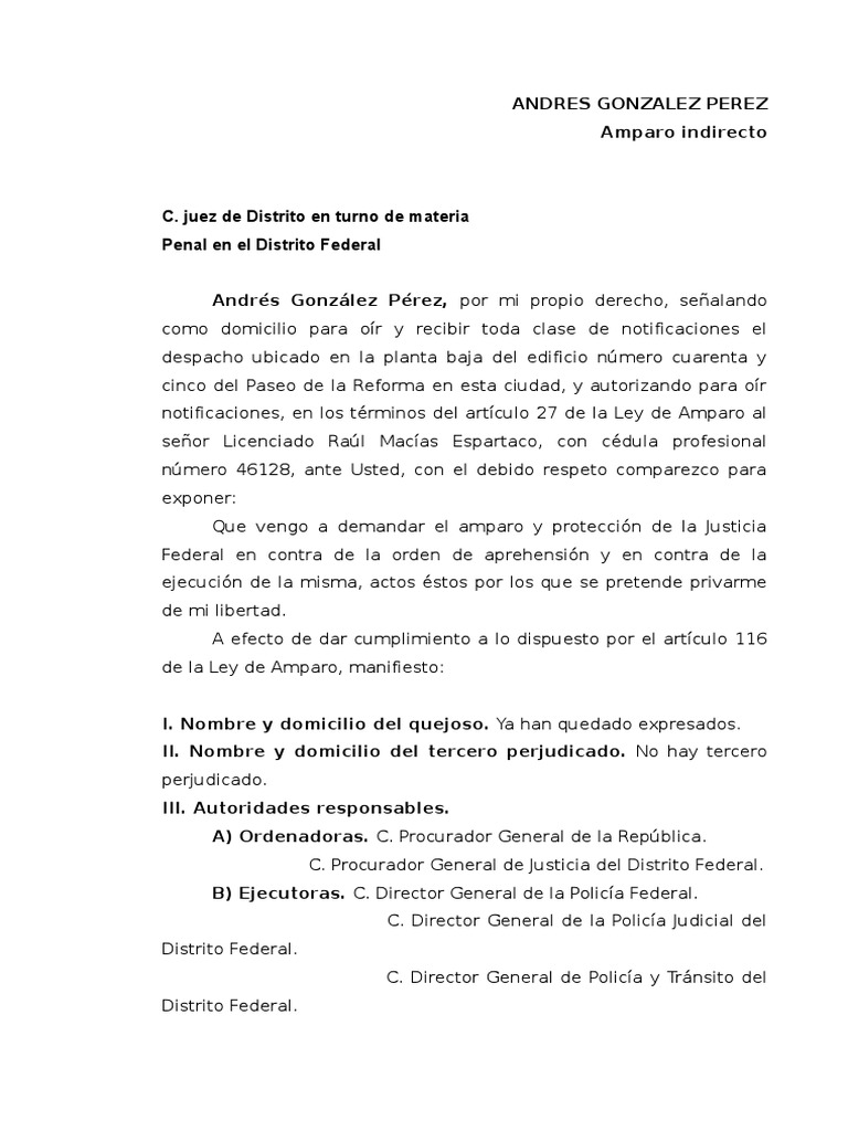 Modelo de Demanda de Amparo Contra Orden de Aprehension No Procedente ...