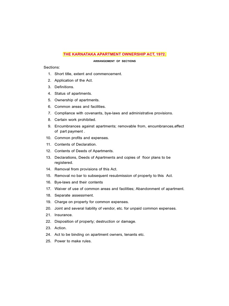 The Karnataka Apartment Ownership Act, 1972. Arrangement OF Sections