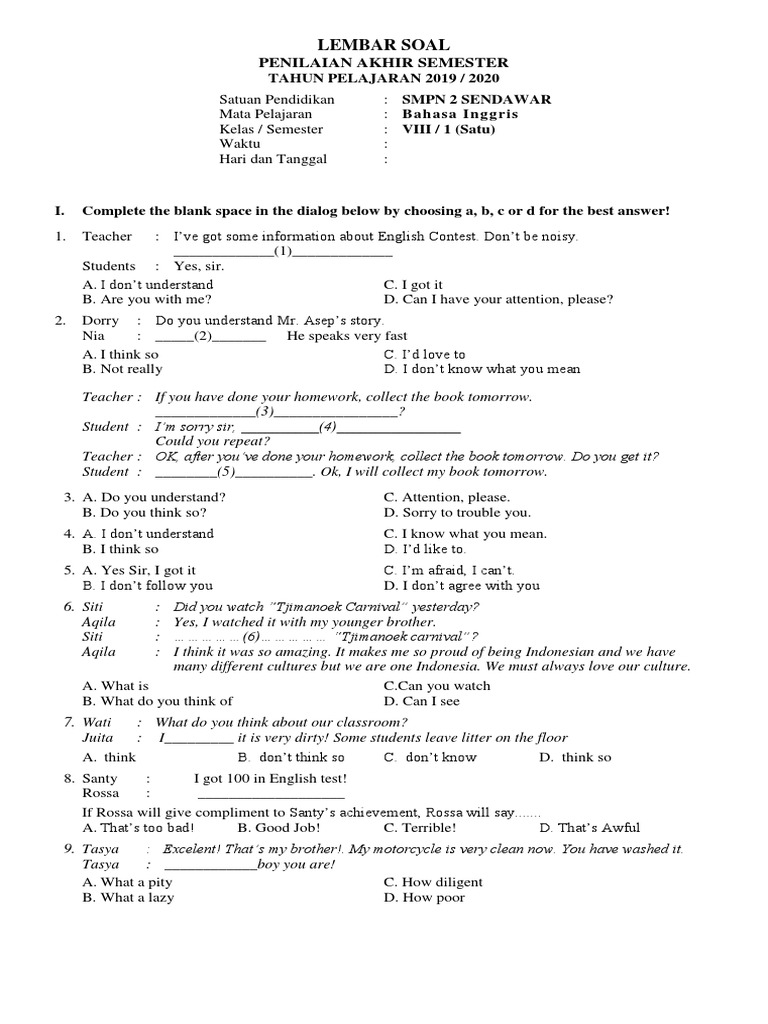 Classroom Dialogue Completion Test | PDF | Business