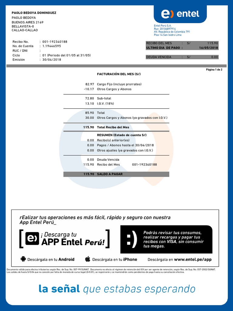Recibo Entel | PDF | Telefonía móvil | Teléfonos móviles