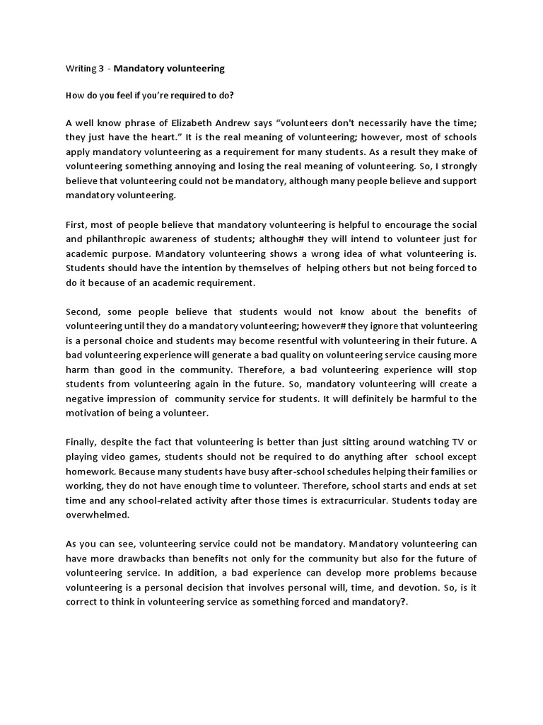 Writing 3 - Mandatory Volunteering | PDF | Volunteering | Behavior ...
