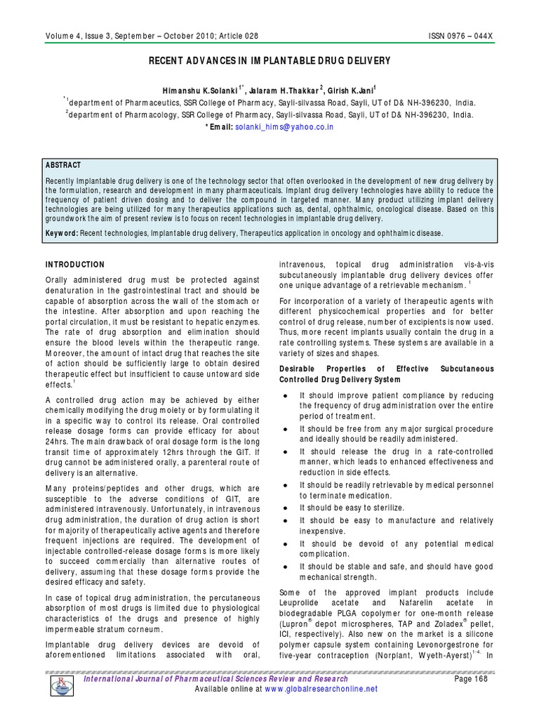 Recent Advances in Implantable Drug Delivery | PDF | Pharmaceutical ...