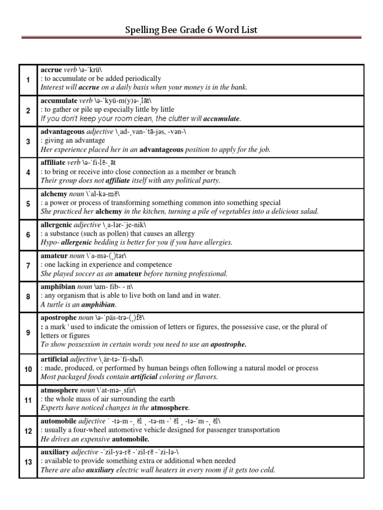 Spelling Bee List Grade 6 Kerosene Adjective