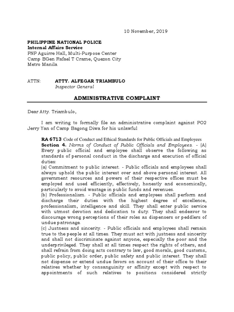 Administrative Complaint Against Police Officer | PDF | Integrity | Police