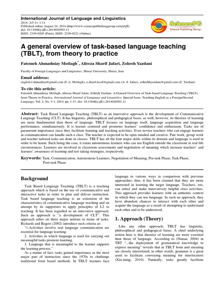 A General Overview of Task-Based Language Teaching (TBLT), From Theory ...