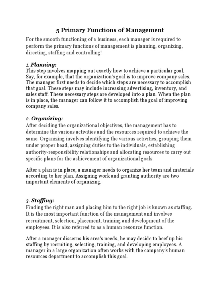 5 Primary Functions of Management | PDF | Human Resources | Goal