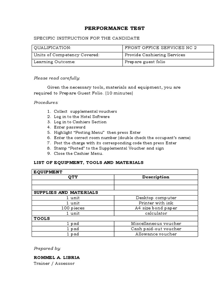 Front Office Cashiering Test Instructions | PDF