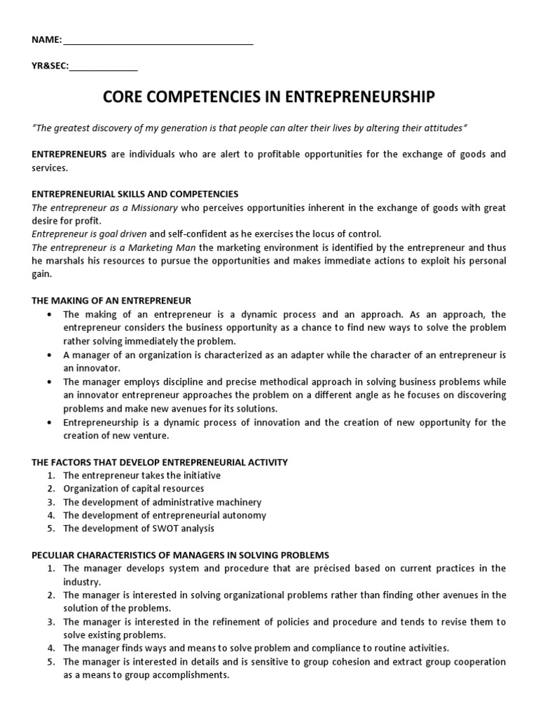 Core Competencies in Entrepreneurship: A Comparison of the ...