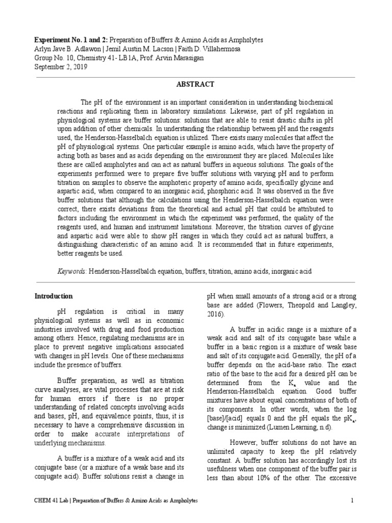 Chem 41 Lab Formal Report 01 Preparation of Buffers & Amino Acids as