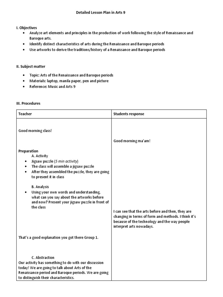 Detailed Lesson Plan In Arts 9 Raphael Renaissance