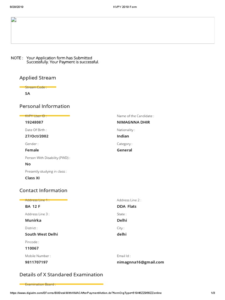 KVPY 2019 Application Form Submission for Nimagnna Dhir | PDF ...