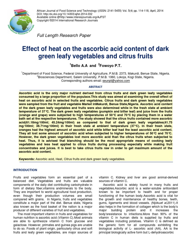 Effect of Heat On The Ascorbic Acid Cont PDF | PDF | Vitamin C | Vegetables