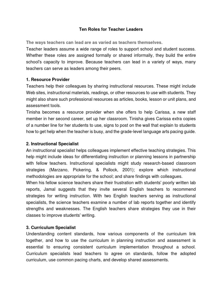 Ten Roles For Teacher Leaders | PDF | Mentorship | Teachers