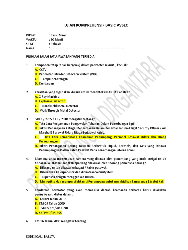 Contoh Soal Ujian Basic Avsec Enak