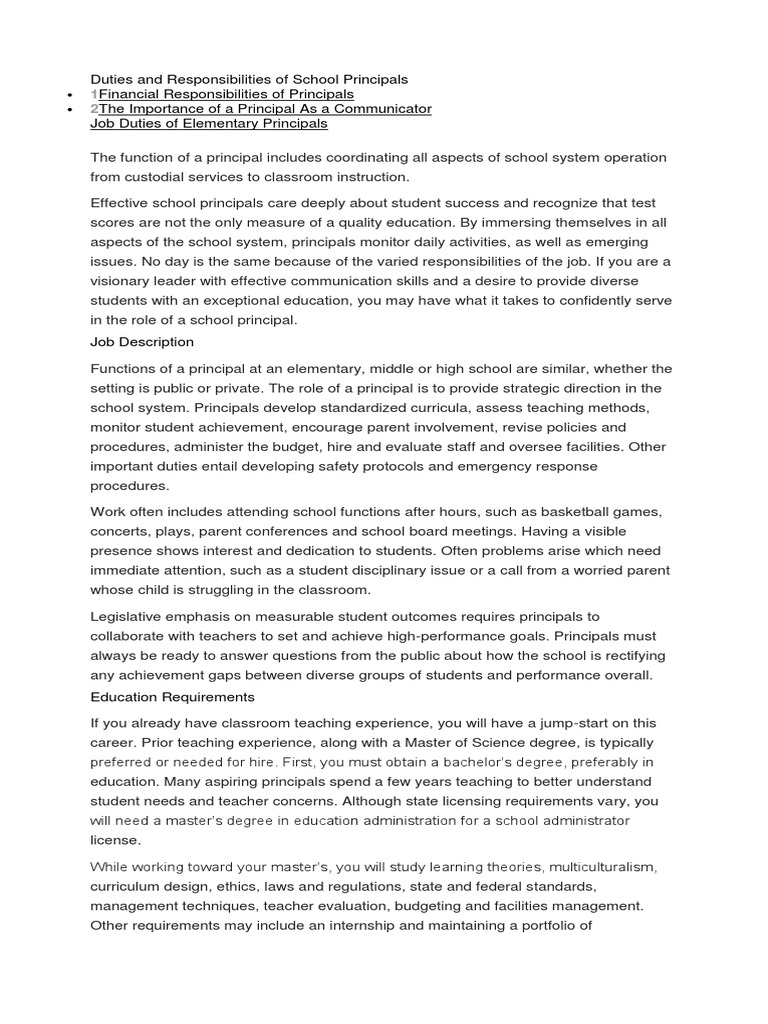 Duties and Responsibilities of School Principals PDF Schools Teachers