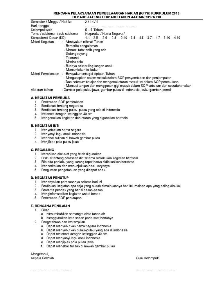 Rpph Tk B Smt2 Minggu 14 Negaraku Dasar Negara Bendera