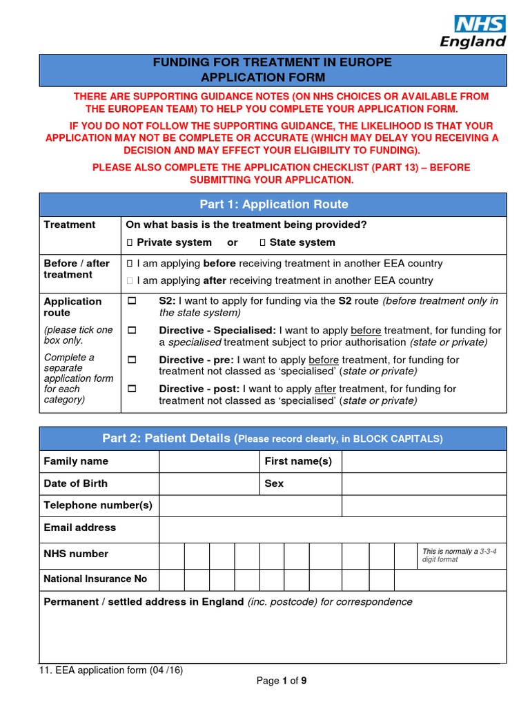 EEA Treatment Funding Application Form | PDF | National Health Service ...