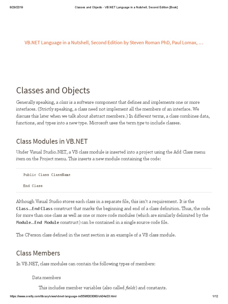 Classes and Objects - VB - Net Language in A Nutshell, Second Edition (Book), PDF, Class (Computer Programming)