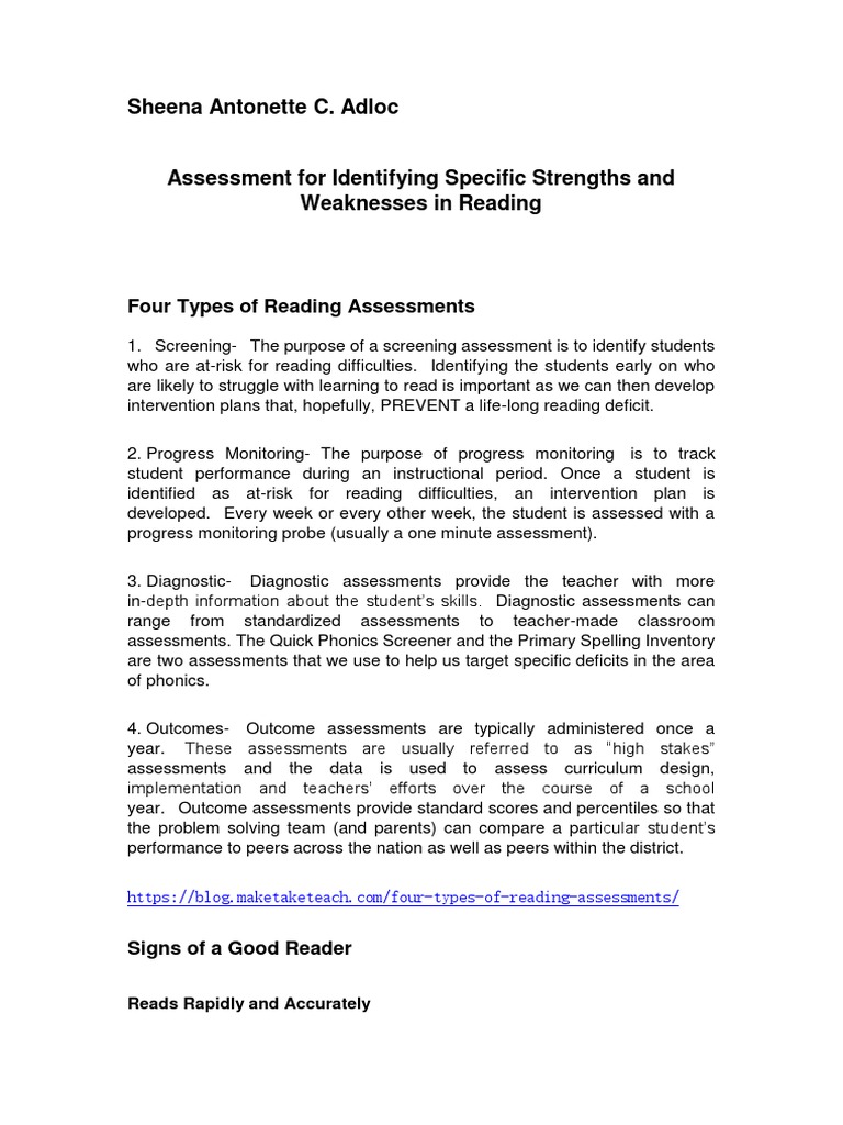 Reading Strengths and Weaknesses Assessment | PDF | Educational ...