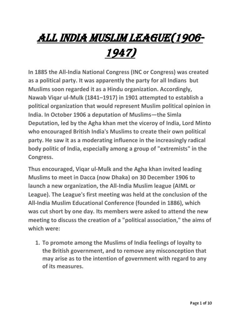 History Of Muslim League Pdf