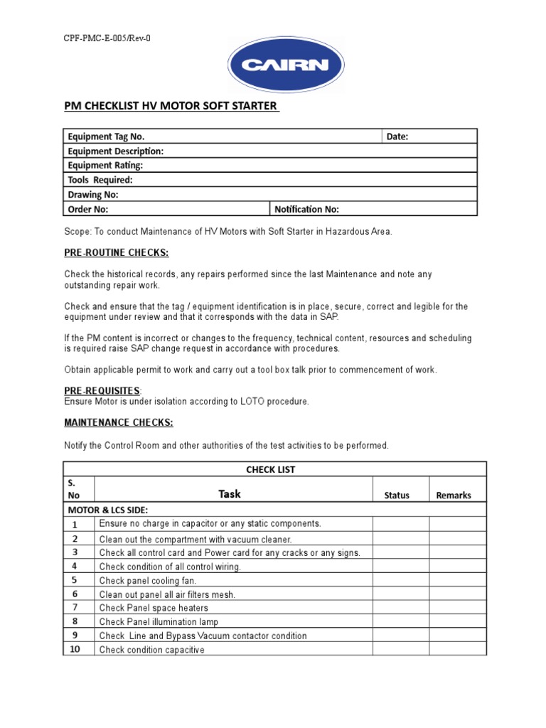 HV Motor Soft Starter Maintenance Checklist | PDF