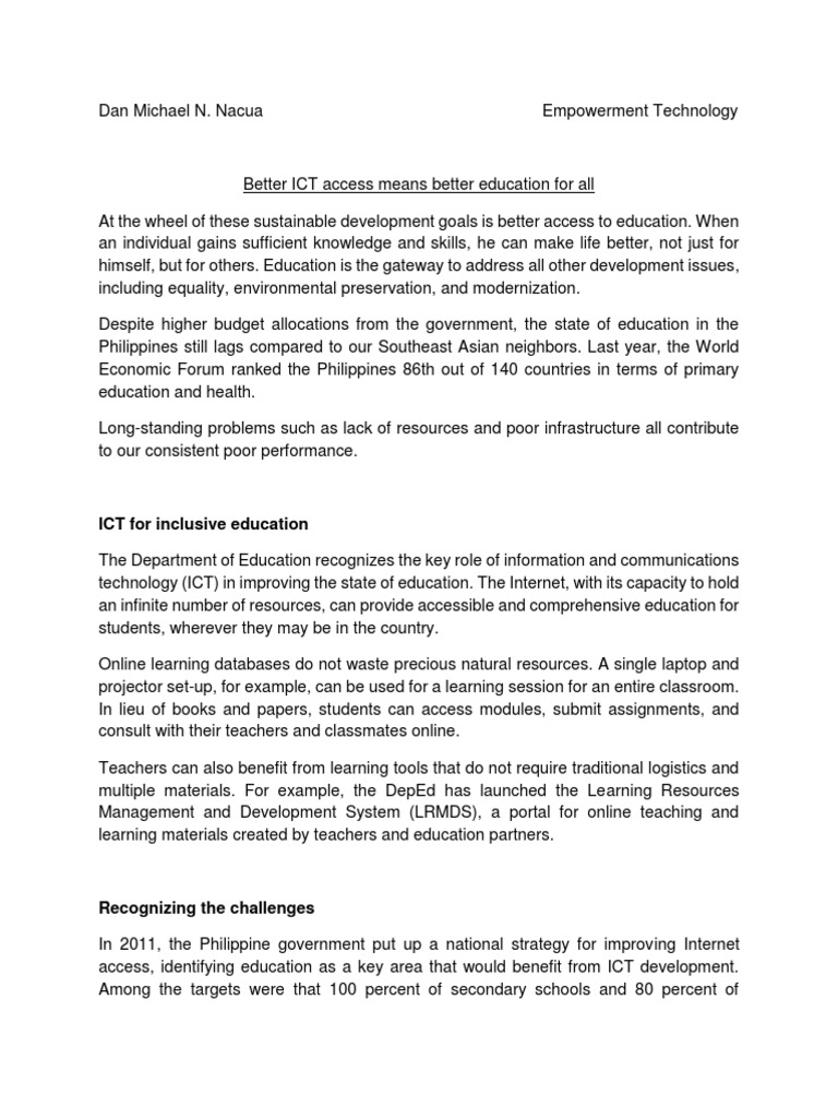 ICT's Role in Philippine Education | PDF | Educational Technology ...