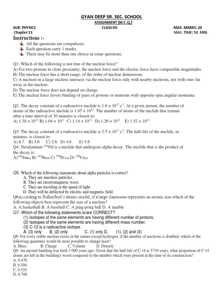 Class 12 Phy Nuclear Force Radioactive Decay
