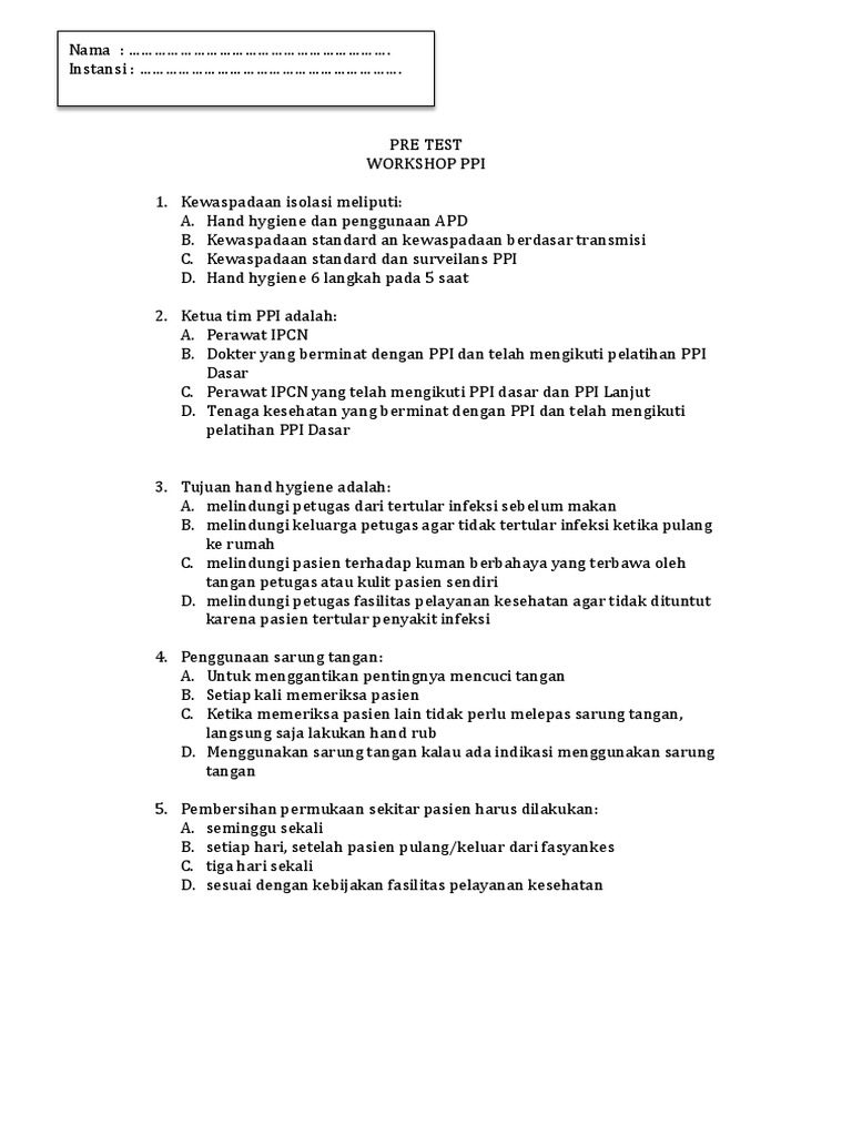 Pre-Test Workshop PPI: Kewaspadaan Infeksi | PDF