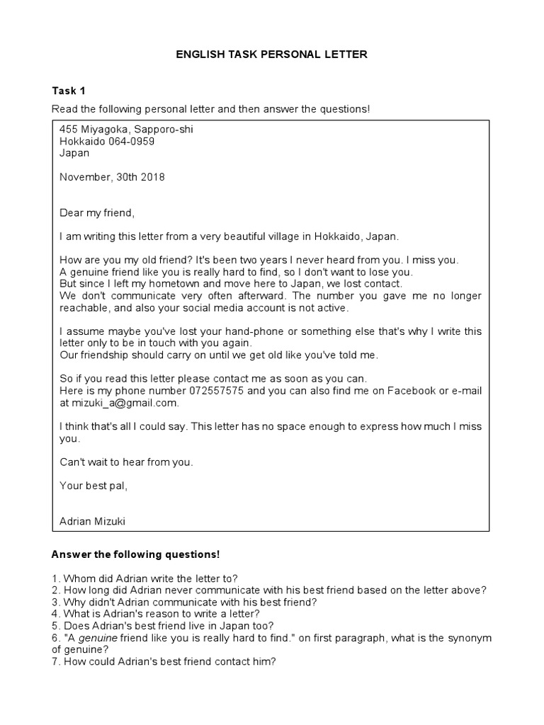 English Task Personal Letter | PDF