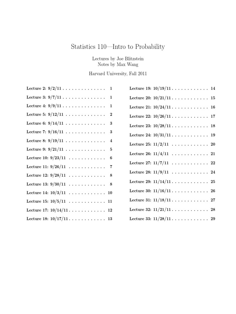 Statistics 110 intro to probability by joe blitzstein lecture notes