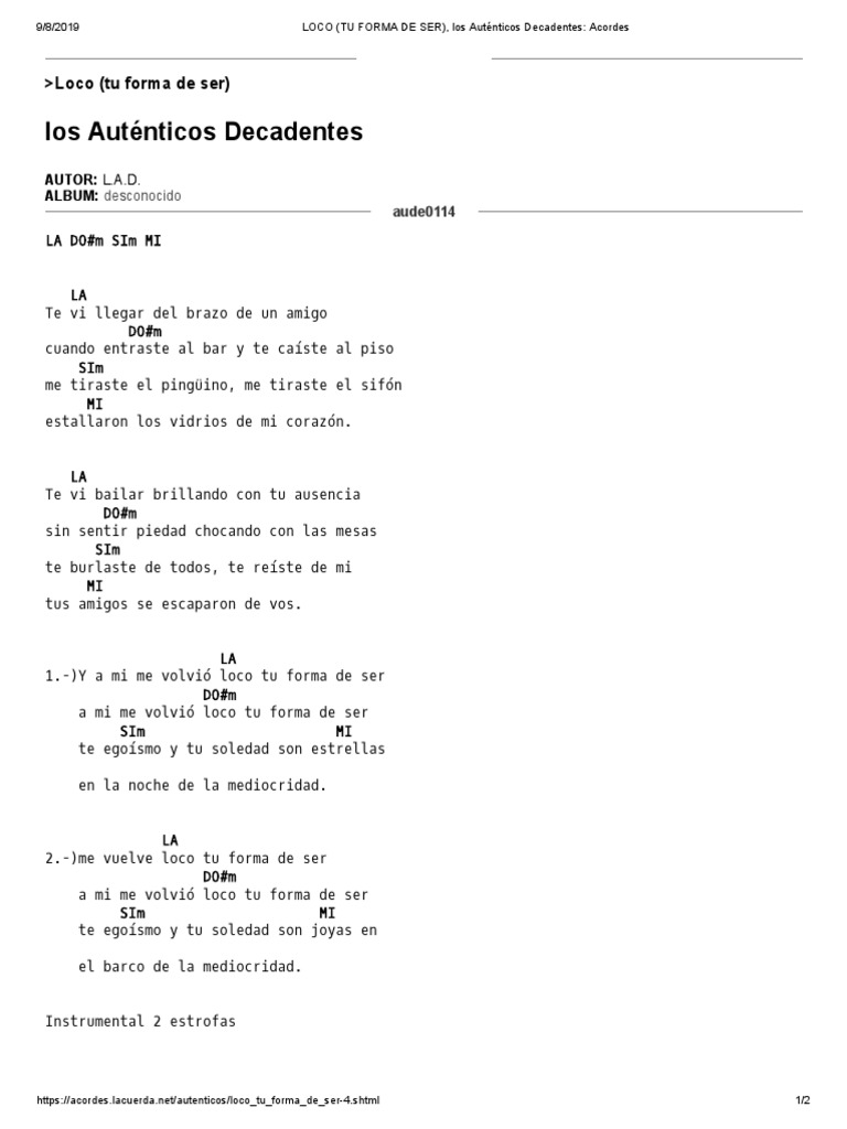 Loco Tu Forma De Ser Los Auténticos Decadentes Acordes Pdf