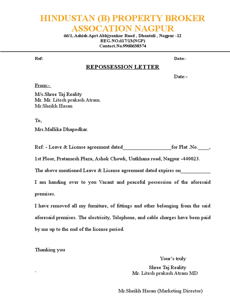 Hindustan (B) Property Broker Assocation Nagpur: Repossession Letter PDF