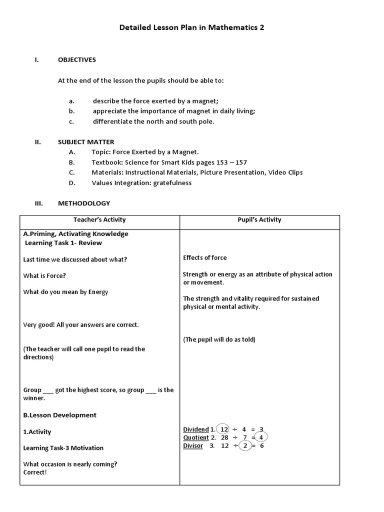 Detailed Lesson Plan On Magnetism Science 4 Pdf Division