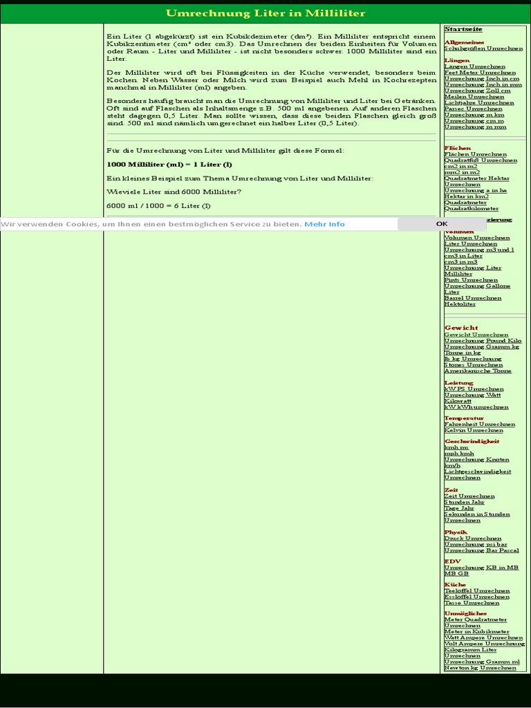 Umrechnung Liter In Milliliter L In Ml Pdf