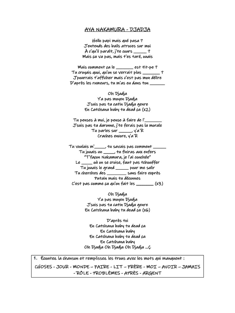 Paroles Djadja Avec Exercice Fle