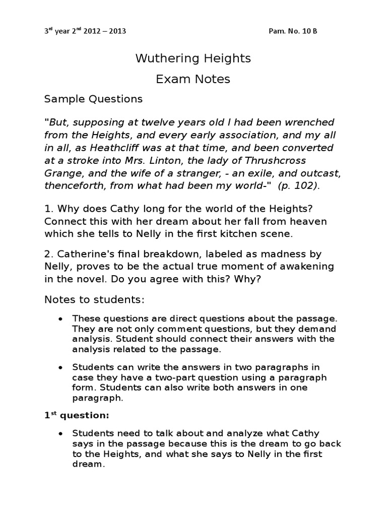 Wuthering Heights Exam Notes Sample Questions PDF Heathcliff