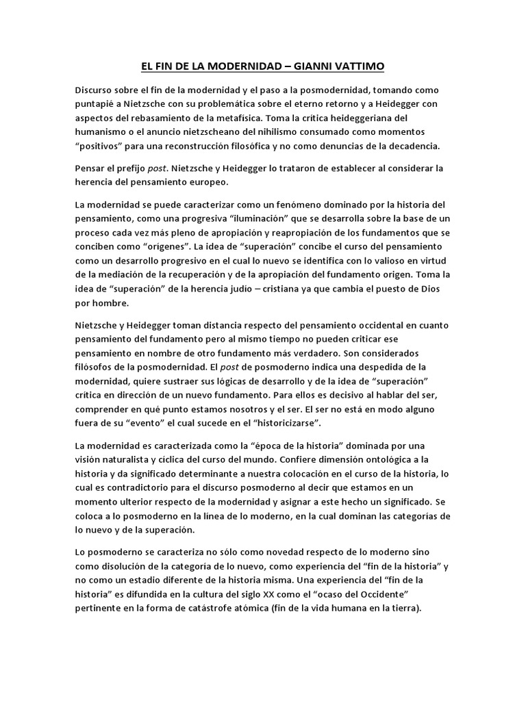 Resumen El Fin de La Modernidad Vattimo PDF Verdad Metafísica
