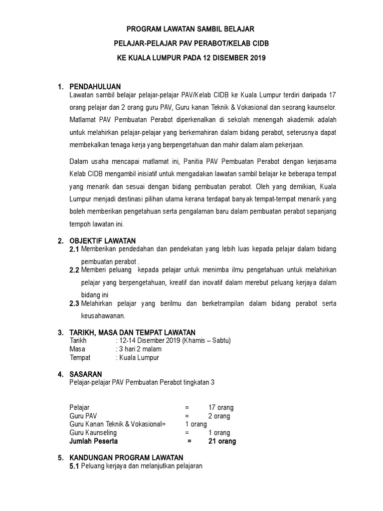 Kertas Kerja Lawatan Sambil Belajar 2019 Pdf