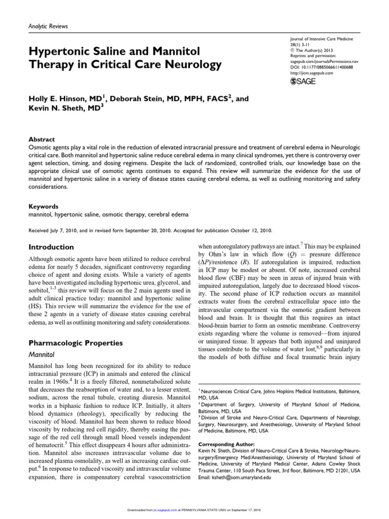 Hypertonic Saline and Mannitol Therapy in Critical Care Neurology | PDF ...